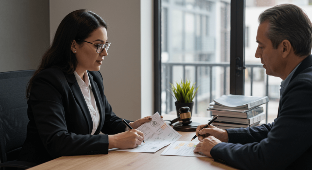 Female lawyer and client reviewing a birth certificate with corrections during a demand of nullity process in Mexico.