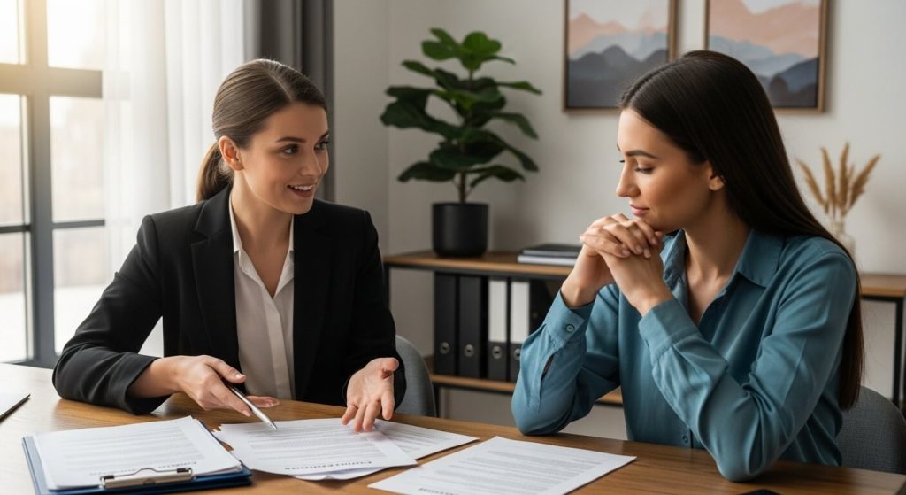Abogado para demanda de alimentos en México orientando a una madre durante una consulta legal sobre pensión alimenticia.