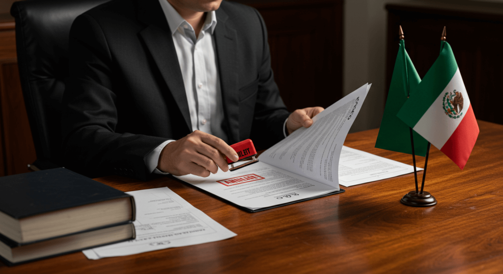 Mexican lawyer reviewing legal documents with an annulment mark during a demand of nullity case in Mexico.