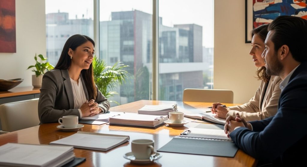 Abogados de divorcio en CDMX brindando asesoría legal personalizada a una pareja durante una consulta.
