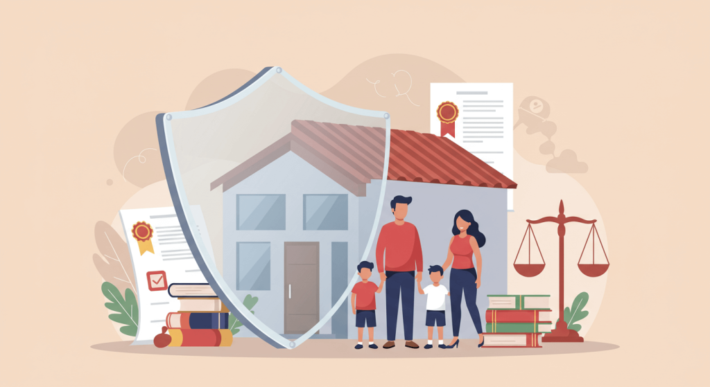Ilustración que representa qué es patrimonio de familia en México, mostrando la protección legal del hogar y la seguridad de la familia.