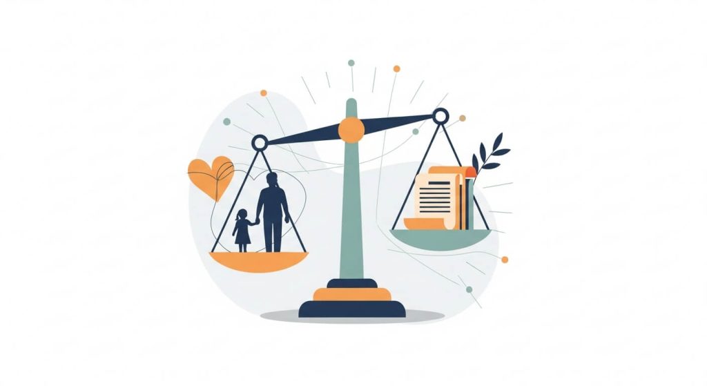 Ilustración del proceso legal de pensión alimenticia en México con íconos de familia, justicia y documentos, creada en estilo minimalista.