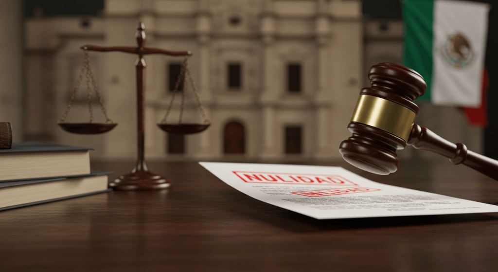 Illustration of a Mexican courthouse and judge reviewing a legal document with an annulment stamp, symbolizing a demand of nullity in Mexico.