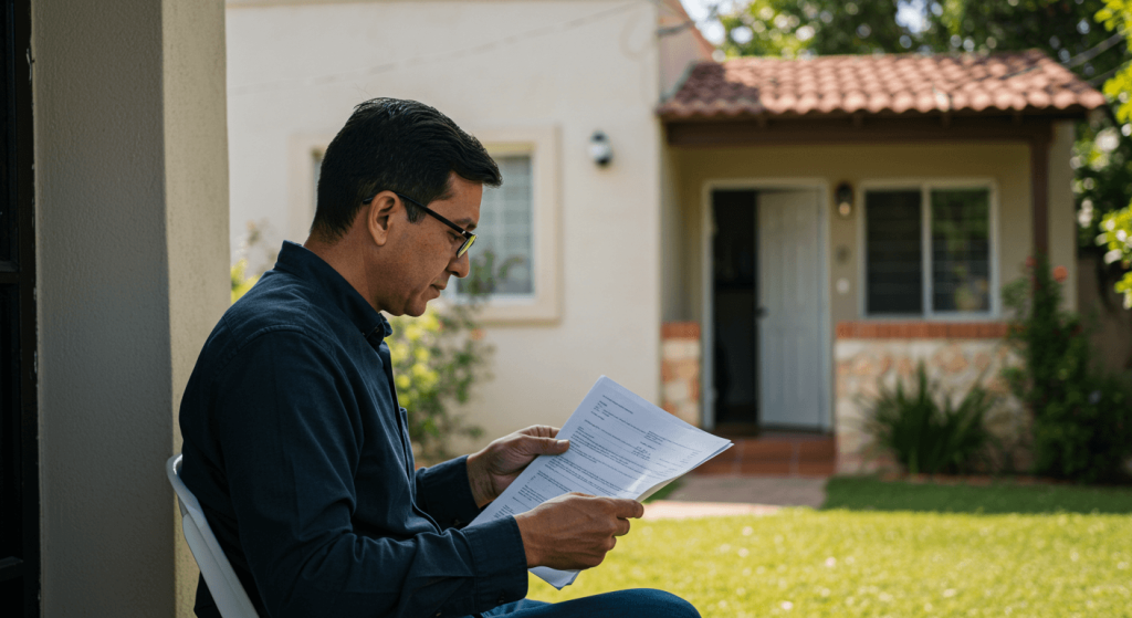 Adulto revisando documentos frente a su casa en México, símbolo de protección legal y patrimonio familiar.