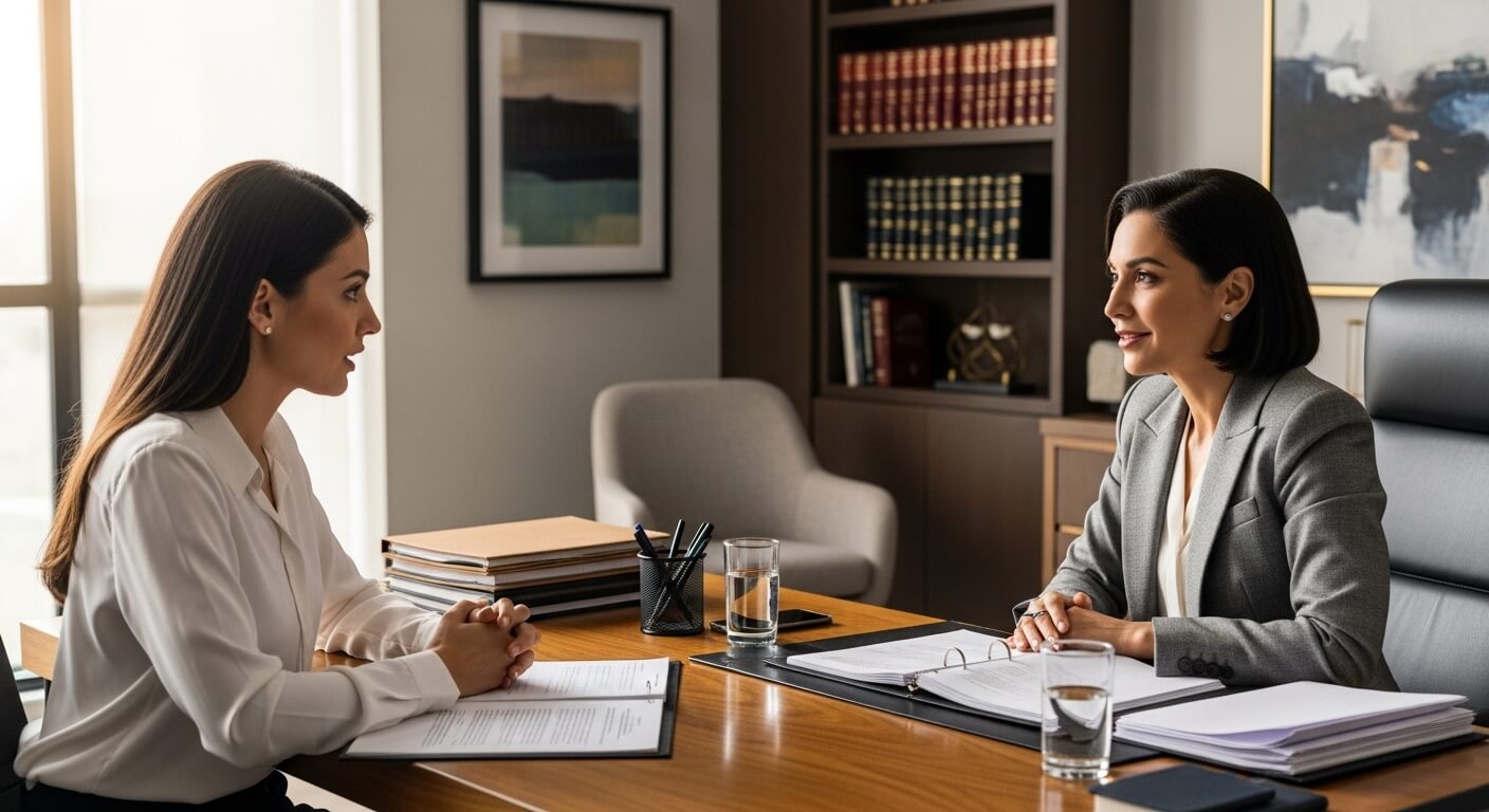 Abogada mexicana asesorando a una madre sobre pensión alimenticia en México en una oficina de abogados profesional.