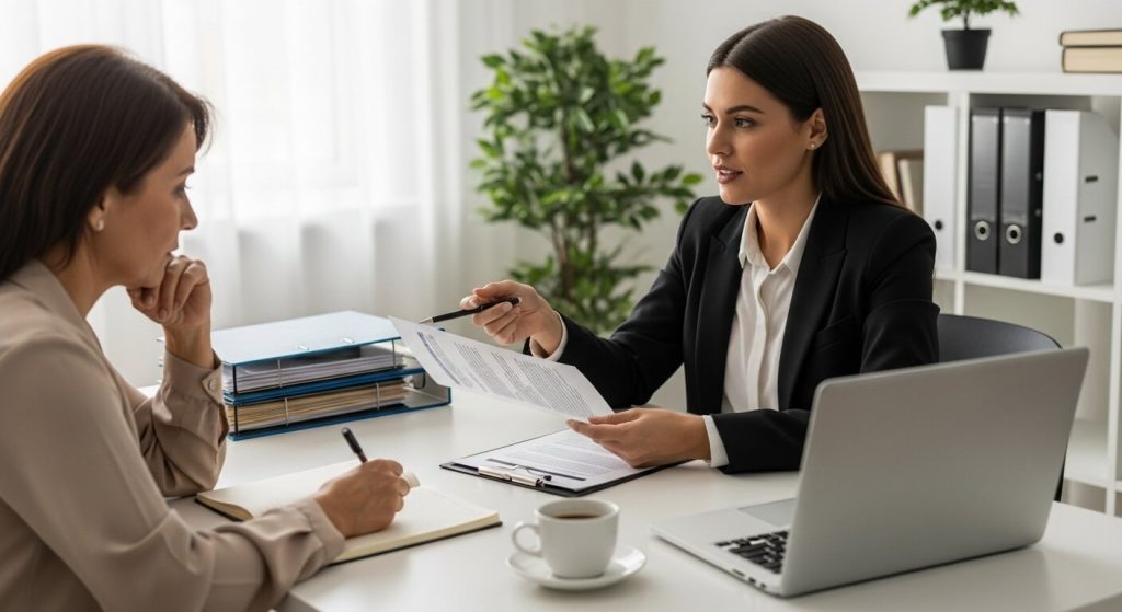 Abogada de familia asesorando a una mujer sobre como iniciar una separacion de pareja en México, revisando documentos legales y opciones de divorcio, custodia y pensión alimenticia.