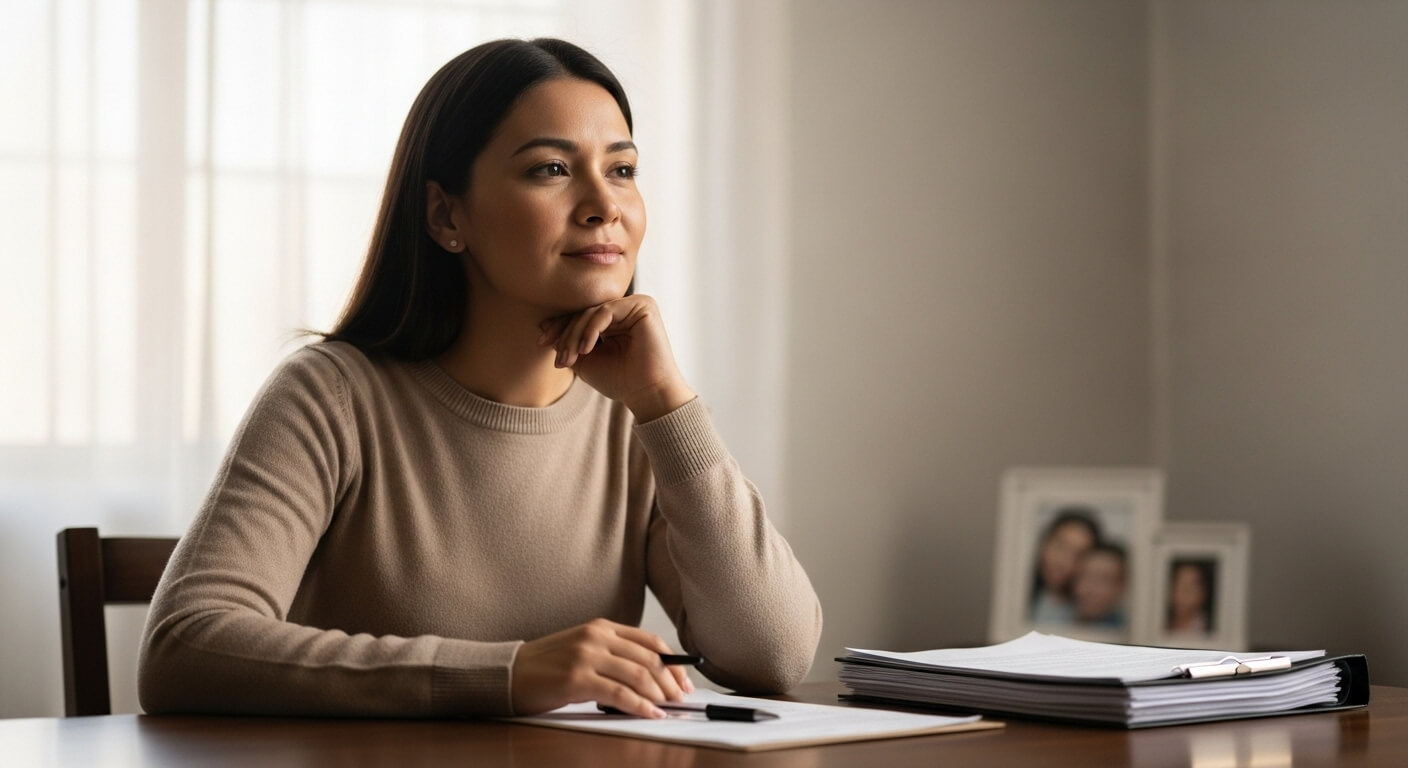 Mujer adulta revisando documentos legales en casa al iniciar una separación de pareja en México, pensando en como iniciar una separacion de pareja de forma segura y organizada.