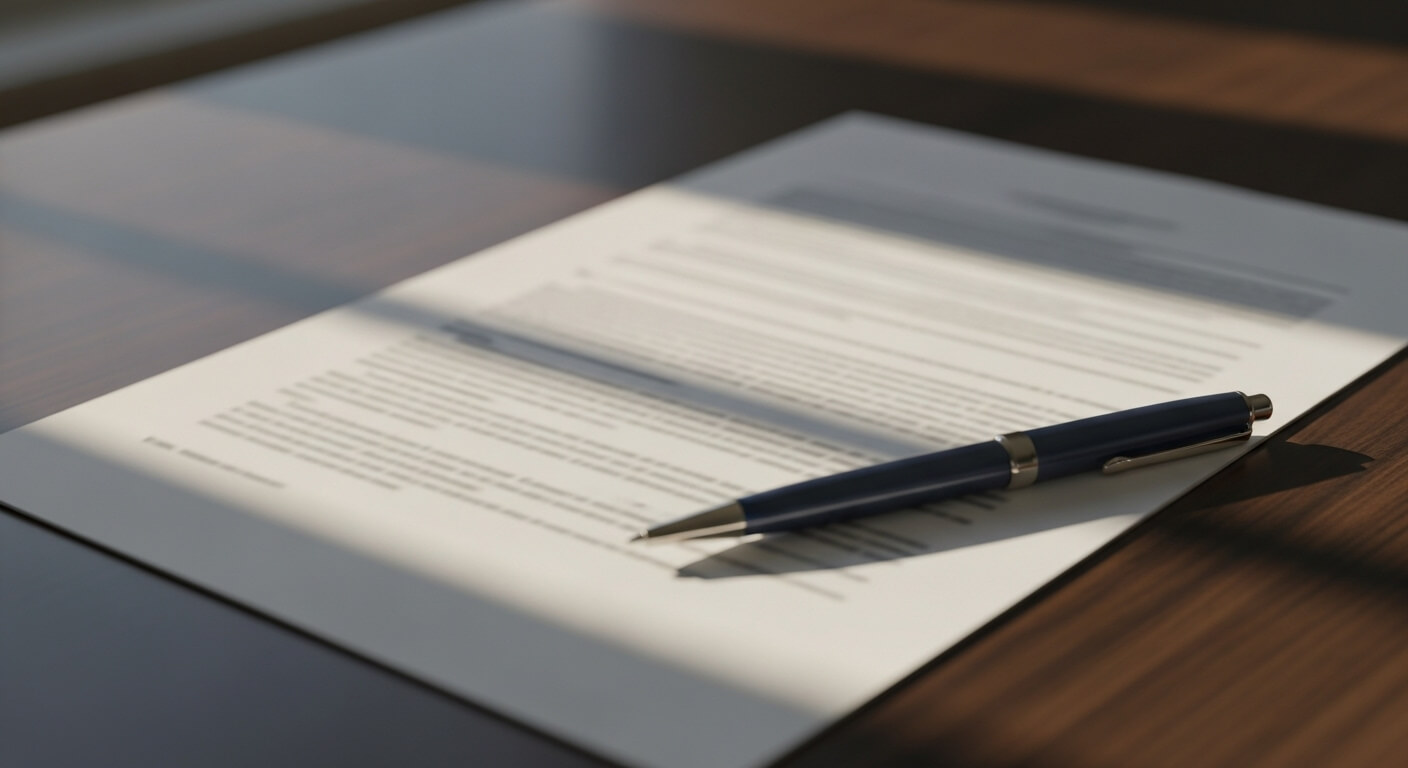 Documento legal en una mesa con texto borroso y pluma, representando el proceso de elaborar un formato de demanda de divorcio incausado.