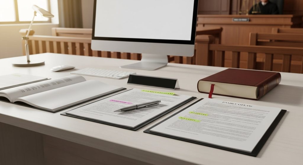 Professional legal workspace with documents and warm lighting.