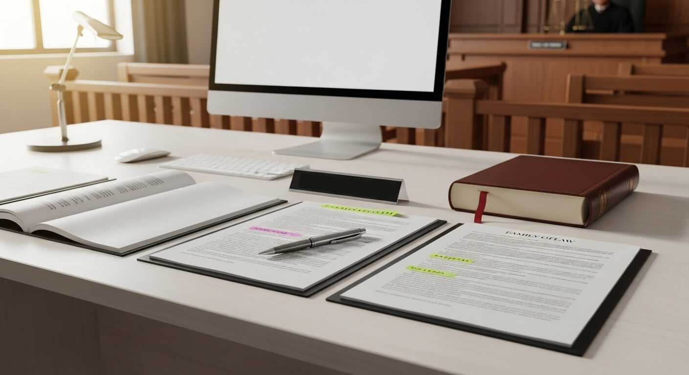 Professional legal workspace with documents and warm lighting.