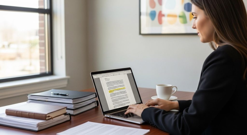 Woman typing a legal document as she prepares a formato de juicio de alimentos in a professional office.
