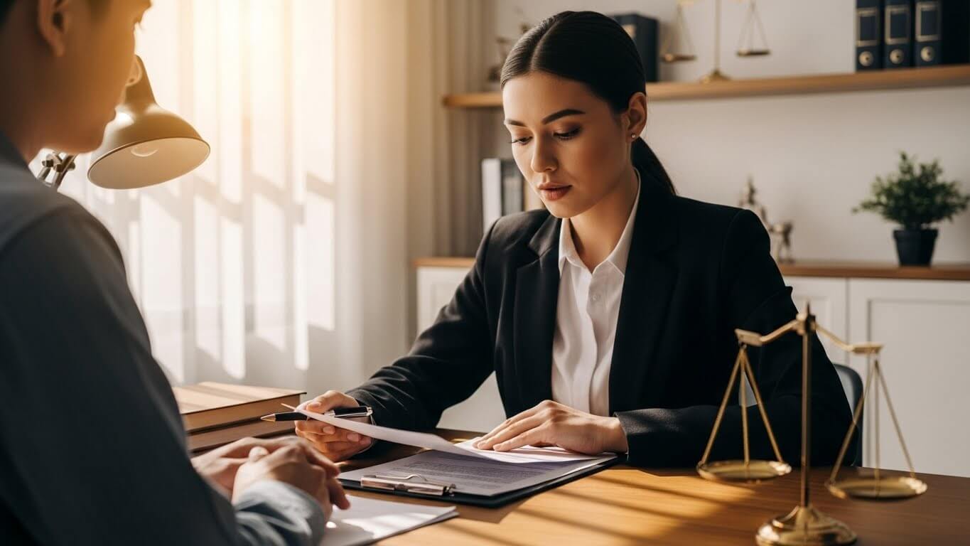 Abogada de derecho familiar atendiendo una consulta profesional en oficina, brindando orientación y apoyo legal.