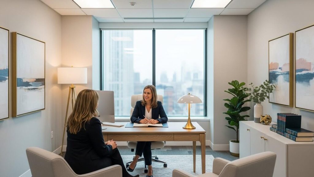 Abogados especialistas en derecho familiar ofreciendo asesoría legal a un cliente en una oficina moderna.