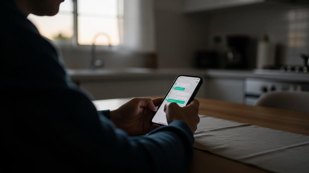 Persona en México con celular en mano, preocupada por mensajes intimidantes y buscando orientación legal.