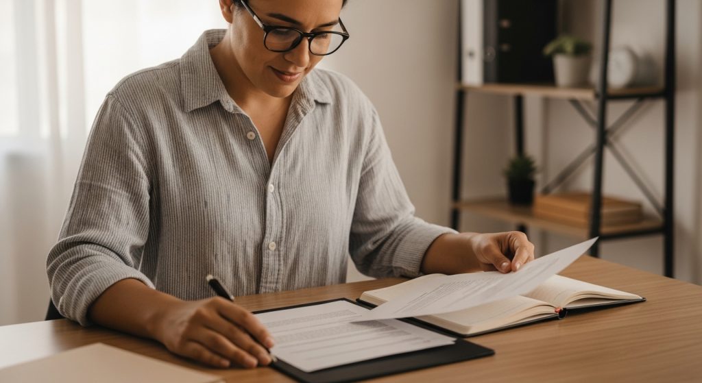 Persona en México revisando documentos legales en mesa, guía sobre divorcio y asesoría jurídica familiar