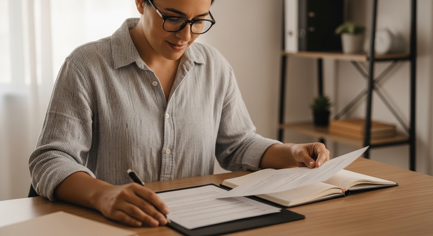 Persona en México revisando documentos legales en mesa, guía sobre divorcio y asesoría jurídica familiar