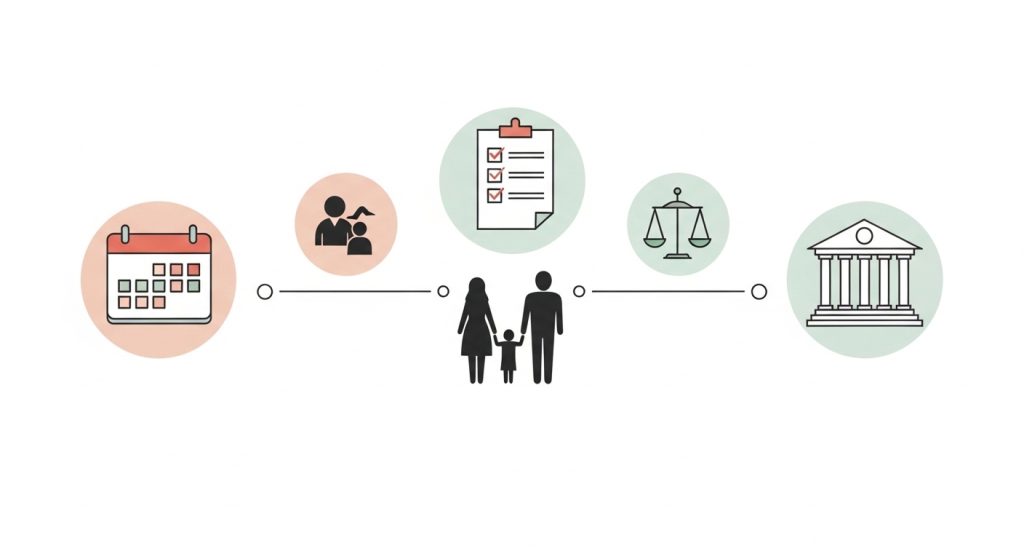 Abogados para divorcios: ilustración del proceso legal de divorcio en México con pasos de custodia, convenio y juzgado familiar