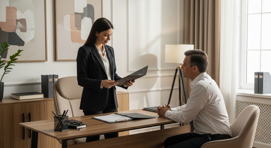 Abogado civil familiar revisando documentos de divorcio, custodia y pensión alimenticia con un cliente en México