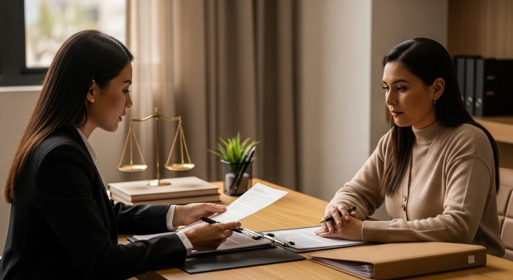 Abogado de derecho familiar asesorando a una madre sobre pensión alimenticia en México durante una consulta legal