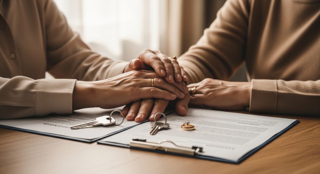 Manos de pareja mexicana sobre documentos legales con anillos de matrimonio y llaves de casa representando bienes mancomunados.
