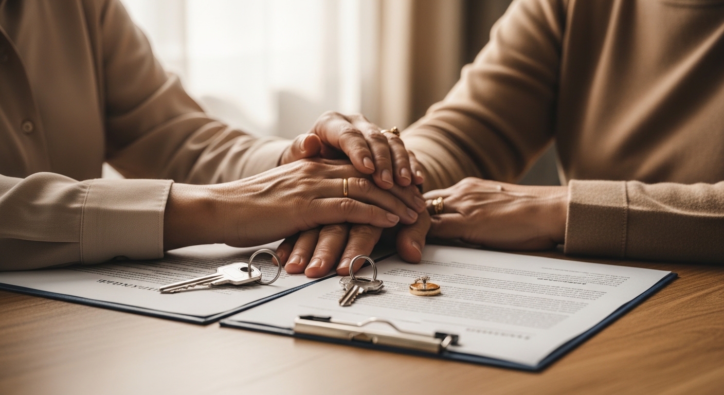Manos de pareja mexicana sobre documentos legales con anillos de matrimonio y llaves de casa representando bienes mancomunados.