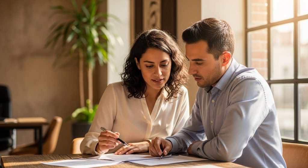 Pareja latinoamericana revisando documentos legales para entender cómo funcionan los bienes mancomunados en su matrimonio.